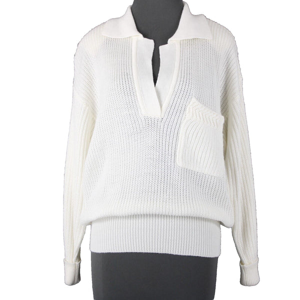 Carole Little Sz M White Collared Open Knit VNeck 100% Acrylic Sweater