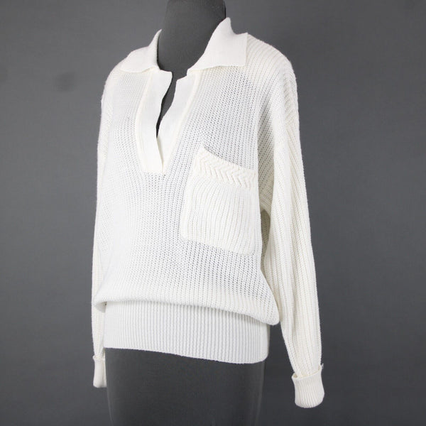 Carole Little Sz M White Collared Open Knit VNeck 100% Acrylic Sweater