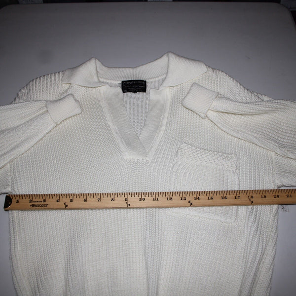 Carole Little Sz M White Collared Open Knit VNeck 100% Acrylic Sweater