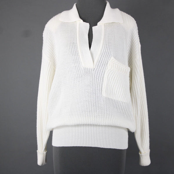 Carole Little Sz M White Collared Open Knit VNeck 100% Acrylic Sweater