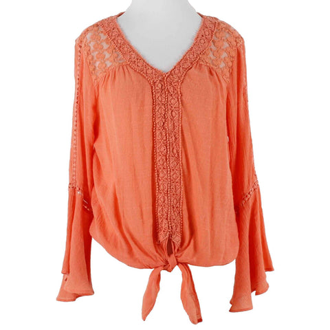 Studio JPR Sz S Coral Orange V Neck Knot Front Embroidered Rayon Poly Sheer Top