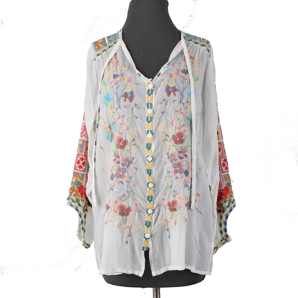 Johnny Was Top Sz S White Multi Colored Embroidered 100% Cotton Poly Top