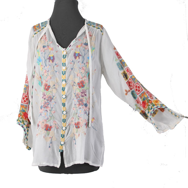 Johnny Was Top Sz S White Multi Colored Embroidered 100% Cotton Poly Top
