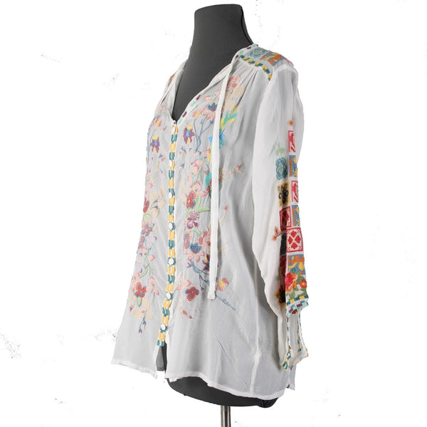 Johnny Was Top Sz S White Multi Colored Embroidered 100% Cotton Poly Top