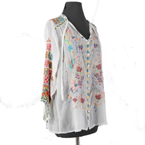 Johnny Was Top Sz S White Multi Colored Embroidered 100% Cotton Poly Top