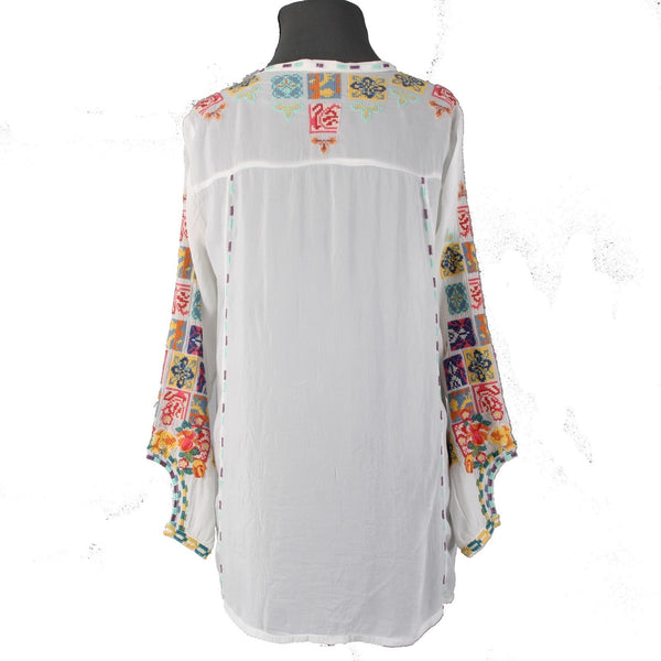 Johnny Was Top Sz S White Multi Colored Embroidered 100% Cotton Poly Top