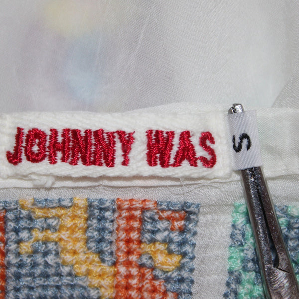 Johnny Was Top Sz S White Multi Colored Embroidered 100% Cotton Poly Top
