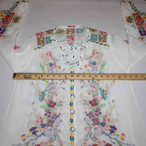 Johnny Was Top Sz S White Multi Colored Embroidered 100% Cotton Poly Top