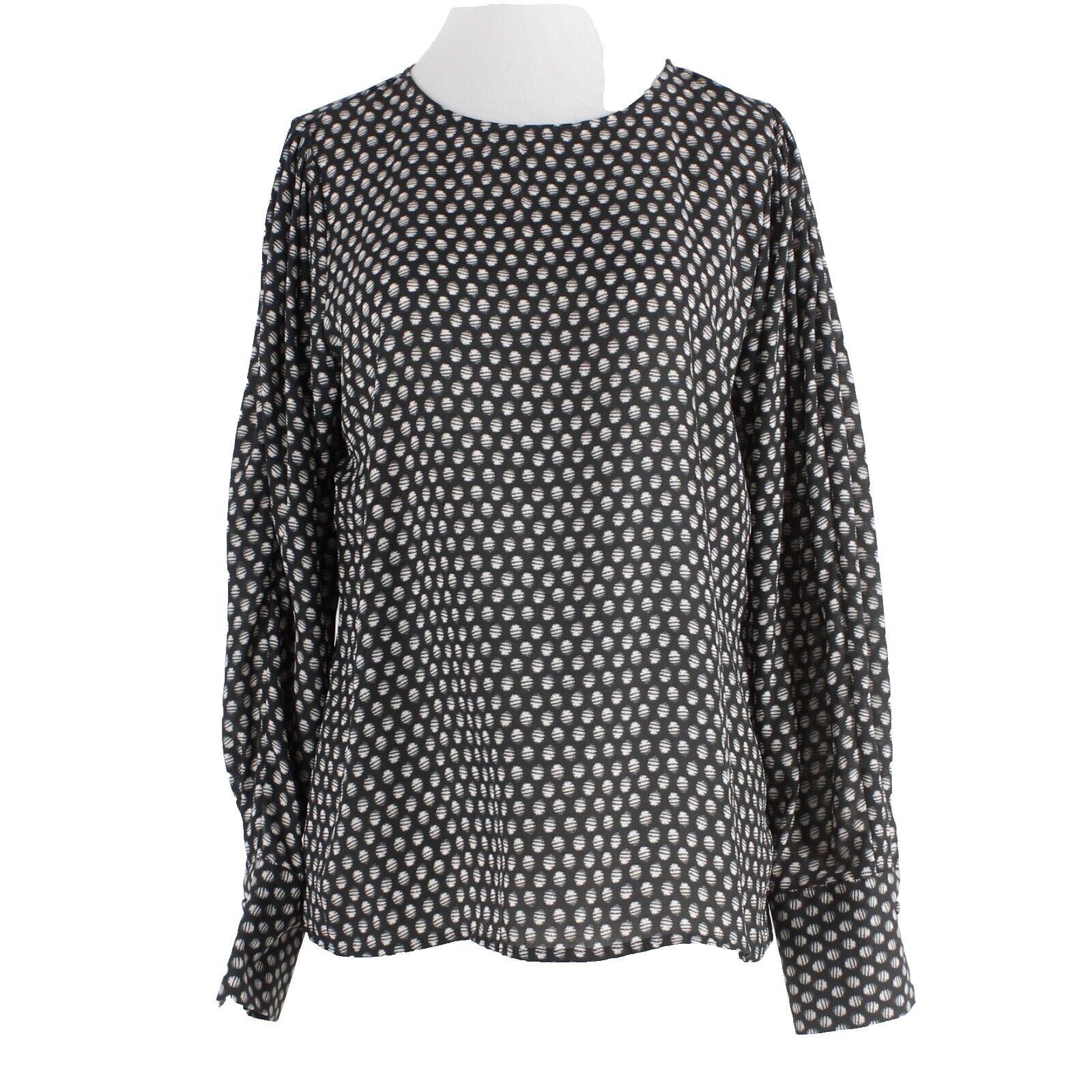 Prologue Sz S Black Ivory Striped Dots Long Full Sleeve 100% Poly Woven Top