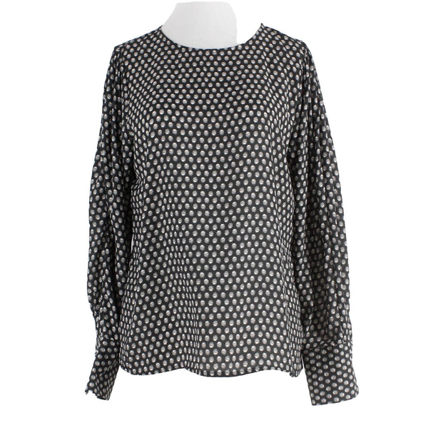 Prologue Sz S Black Ivory Striped Dots Long Full Sleeve 100% Poly Woven Top