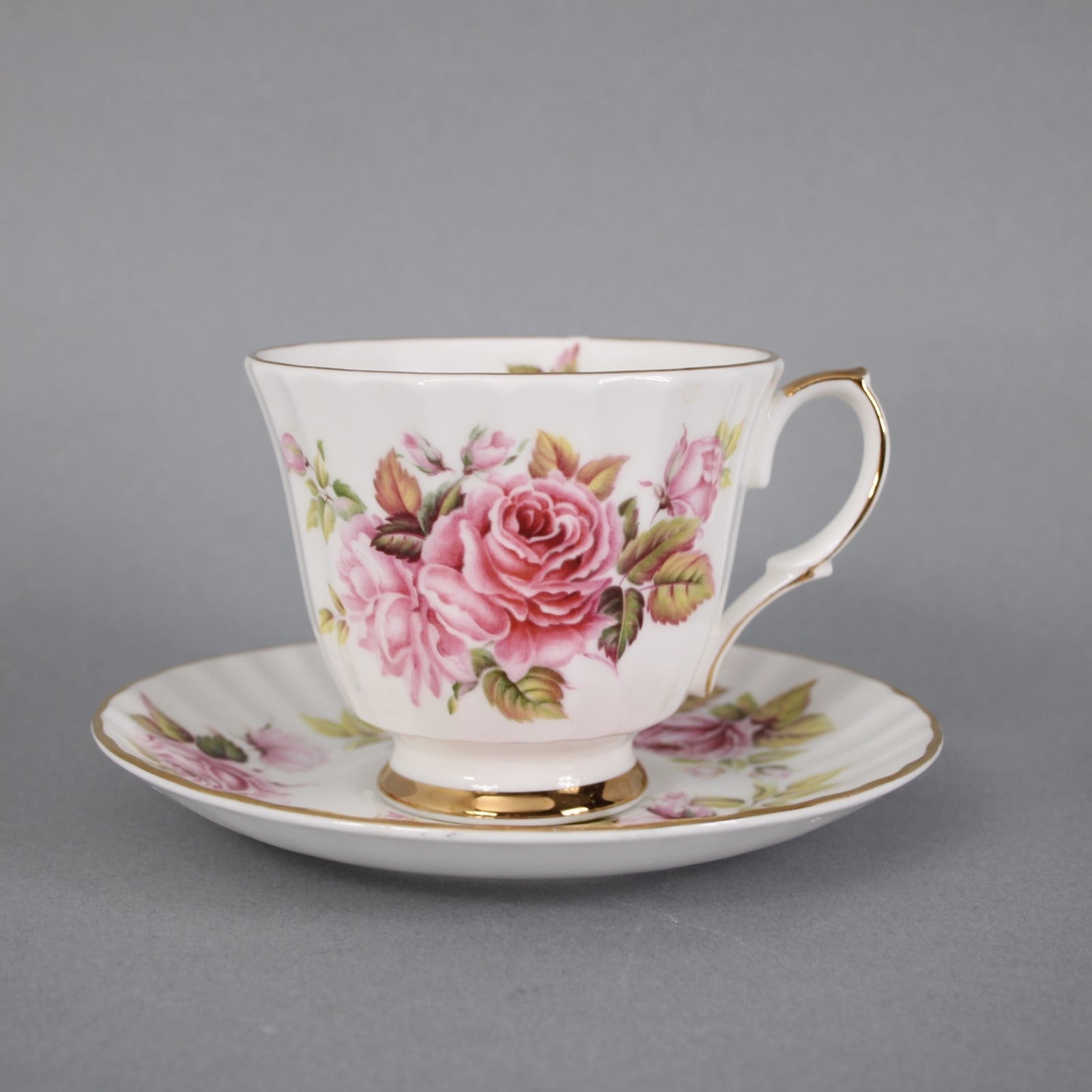 Duchess Teacup Saucer Pink Rose Pattern Fluted Gold Trim Teacup w Saucer Set