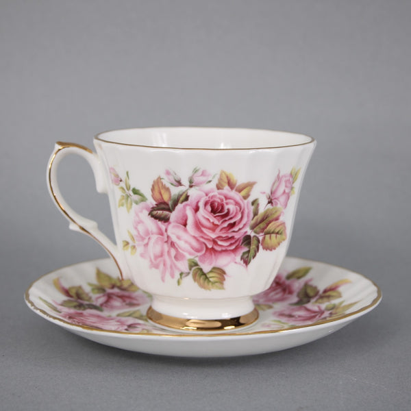 Duchess Teacup Saucer Pink Rose Pattern Fluted Gold Trim Teacup w Saucer Set