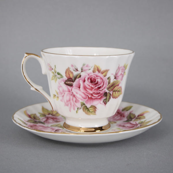 Duchess Teacup Saucer Pink Rose Pattern Fluted Gold Trim Teacup w Saucer Set