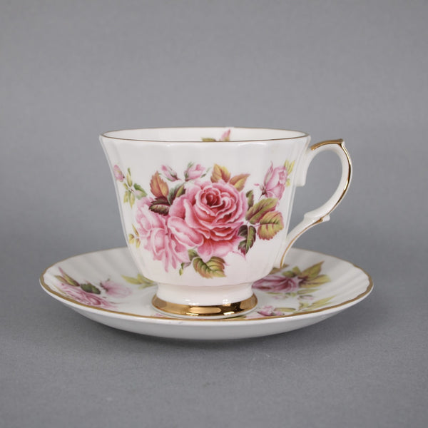 Duchess Teacup Saucer Pink Rose Pattern Fluted Gold Trim Teacup w Saucer Set