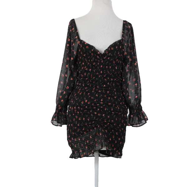 Chocolate NEW Sz M Black Red Floral Ruffles Lined Ruched 100% Polyester Dress