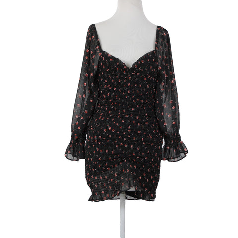 Chocolate NEW Sz M Black Red Floral Ruffles Lined Ruched 100% Polyester Dress