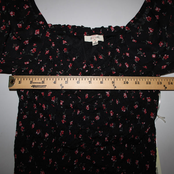 Chocolate NEW Sz M Black Red Floral Ruffles Lined Ruched 100% Polyester Dress