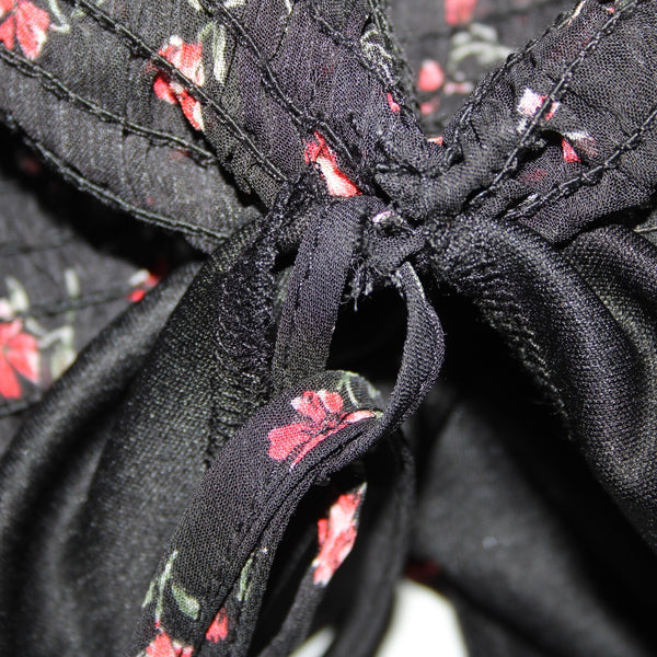 Chocolate NEW Sz M Black Red Floral Ruffles Lined Ruched 100% Polyester Dress