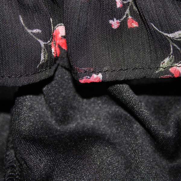 Chocolate NEW Sz M Black Red Floral Ruffles Lined Ruched 100% Polyester Dress