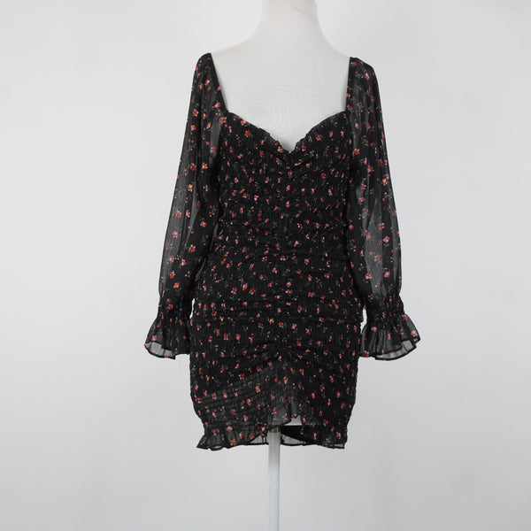 Chocolate NEW Sz M Black Red Floral Ruffles Lined Ruched 100% Polyester Dress
