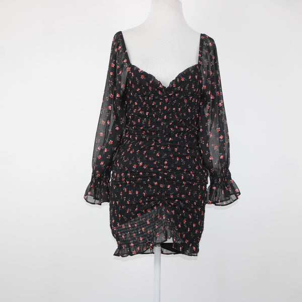 Chocolate NEW Sz M Black Red Floral Ruffles Lined Ruched 100% Polyester Dress