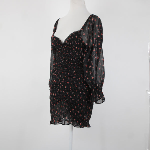 Chocolate NEW Sz M Black Red Floral Ruffles Lined Ruched 100% Polyester Dress