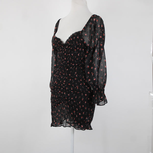 Chocolate NEW Sz M Black Red Floral Ruffles Lined Ruched 100% Polyester Dress
