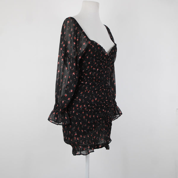 Chocolate NEW Sz M Black Red Floral Ruffles Lined Ruched 100% Polyester Dress
