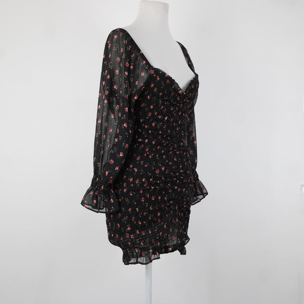 Chocolate NEW Sz M Black Red Floral Ruffles Lined Ruched 100% Polyester Dress