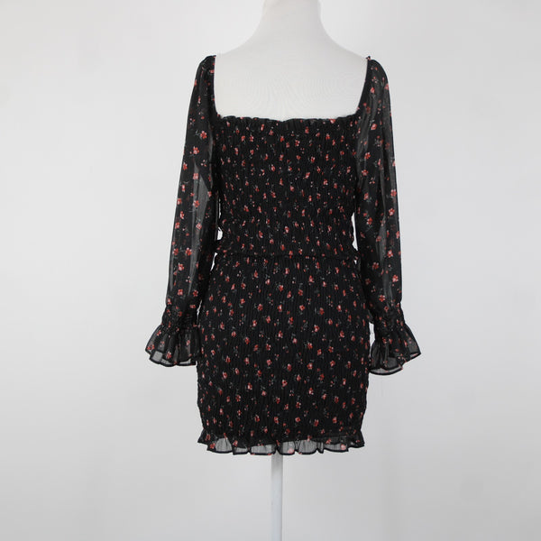 Chocolate NEW Sz M Black Red Floral Ruffles Lined Ruched 100% Polyester Dress