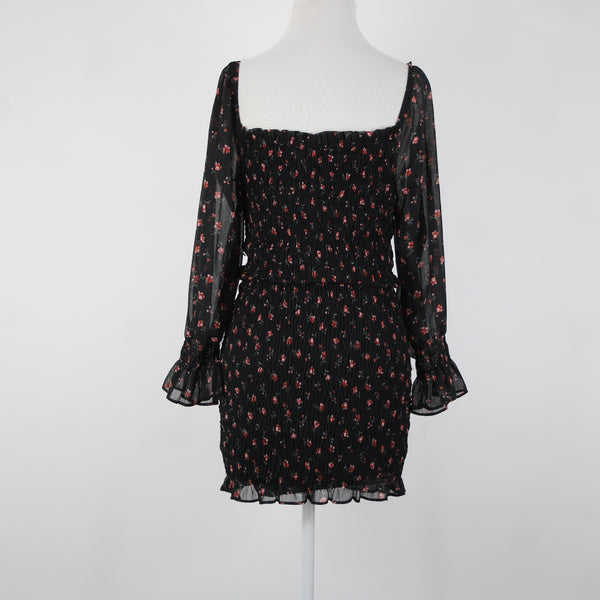 Chocolate NEW Sz M Black Red Floral Ruffles Lined Ruched 100% Polyester Dress