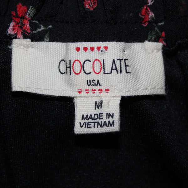 Chocolate NEW Sz M Black Red Floral Ruffles Lined Ruched 100% Polyester Dress