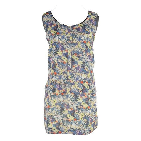 CAbi Sz M Navy Blue Yellow Multi Sheer Lined 3 Layers Flowy 100% Poly Top