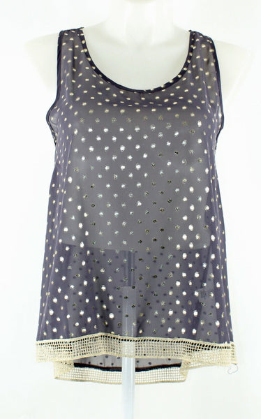 i. ner NEW $29 Sz L Gray Gold Foil Tan Sheer 100% Poly Hi Lo Racerback Top
