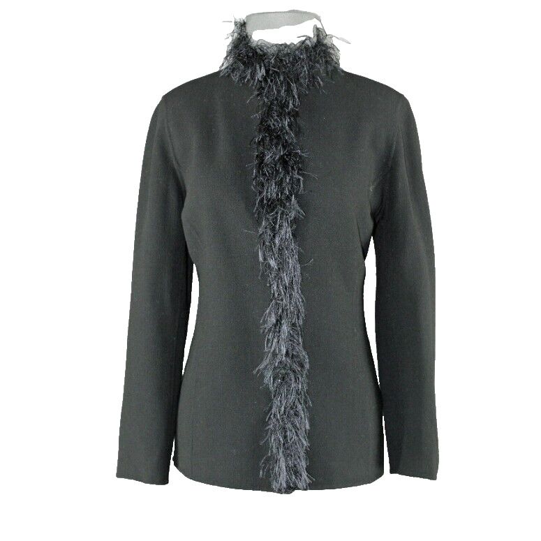 Ellen Tracy Sz 6 Black Feather Trim 100% Unlined Boucle Wool Blazer Jacket