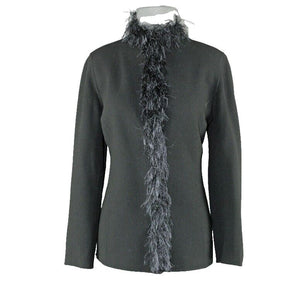 Ellen Tracy Sz 6 Black Feather Trim 100% Unlined Boucle Wool Blazer Jacket