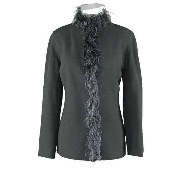 Ellen Tracy Sz 6 Black Feather Trim 100% Unlined Boucle Wool Blazer Jacket