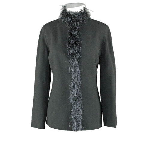Ellen Tracy Sz 6 Black Feather Trim 100% Unlined Boucle Wool Blazer Jacket