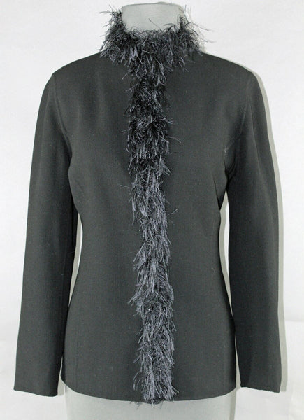 Ellen Tracy Sz 6 Black Feather Trim 100% Unlined Boucle Wool Blazer Jacket