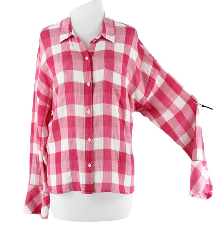 Sanctuary Sz L Magenta White Drop Shoulder Button Up Cotton Blend Shirt