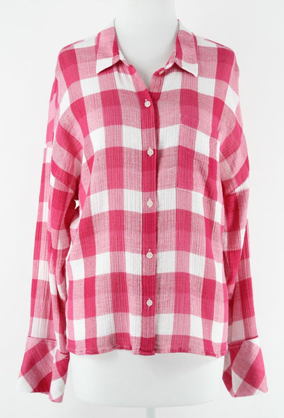 Sanctuary Sz L Magenta White Drop Shoulder Button Up Cotton Blend Shirt