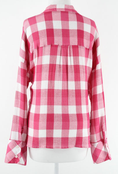 Sanctuary Sz L Magenta White Drop Shoulder Button Up Cotton Blend Shirt