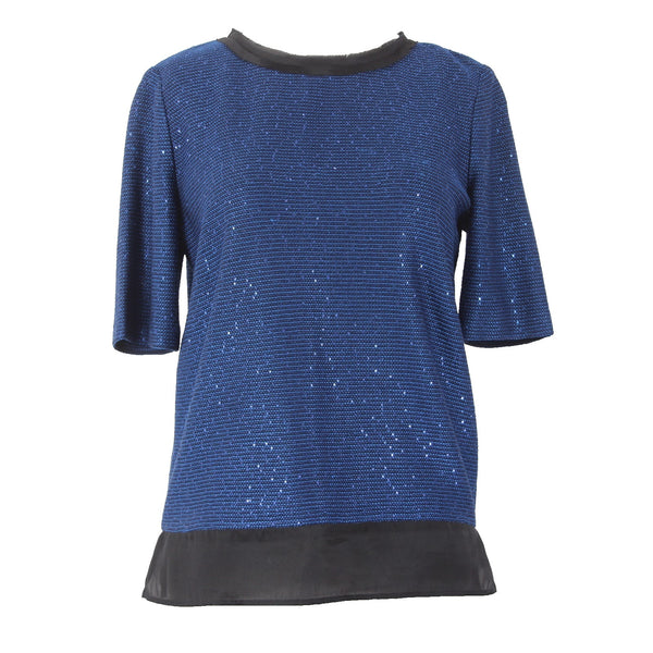 St John Top Sz P Navy Blue Metallic Black Satin Rayon Wool Polyester Top