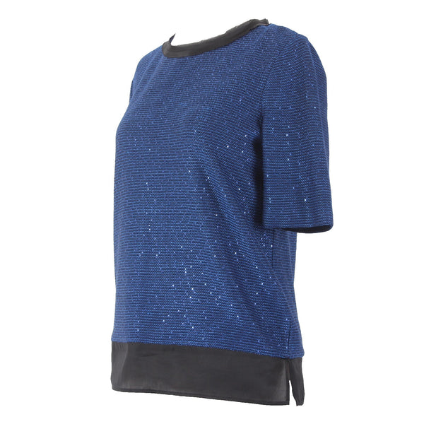 St John Top Sz P Navy Blue Metallic Black Satin Rayon Wool Polyester Top