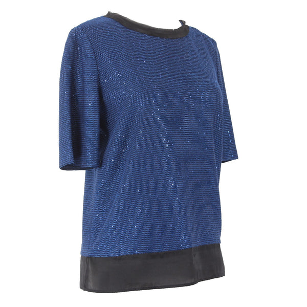 St John Top Sz P Navy Blue Metallic Black Satin Rayon Wool Polyester Top