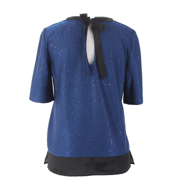 St John Top Sz P Navy Blue Metallic Black Satin Rayon Wool Polyester Top