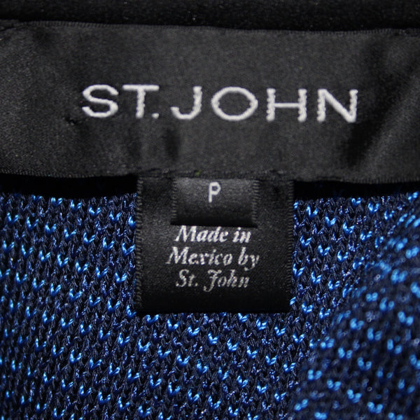 St John Top Sz P Navy Blue Metallic Black Satin Rayon Wool Polyester Top