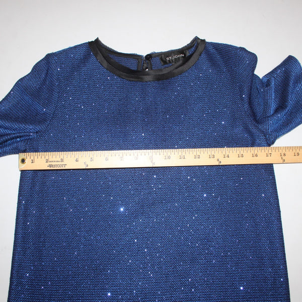 St John Top Sz P Navy Blue Metallic Black Satin Rayon Wool Polyester Top