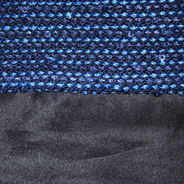 St John Top Sz P Navy Blue Metallic Black Satin Rayon Wool Polyester Top