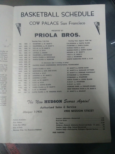 Cow Palace San Francisco 1948-49 Season Basketball Program